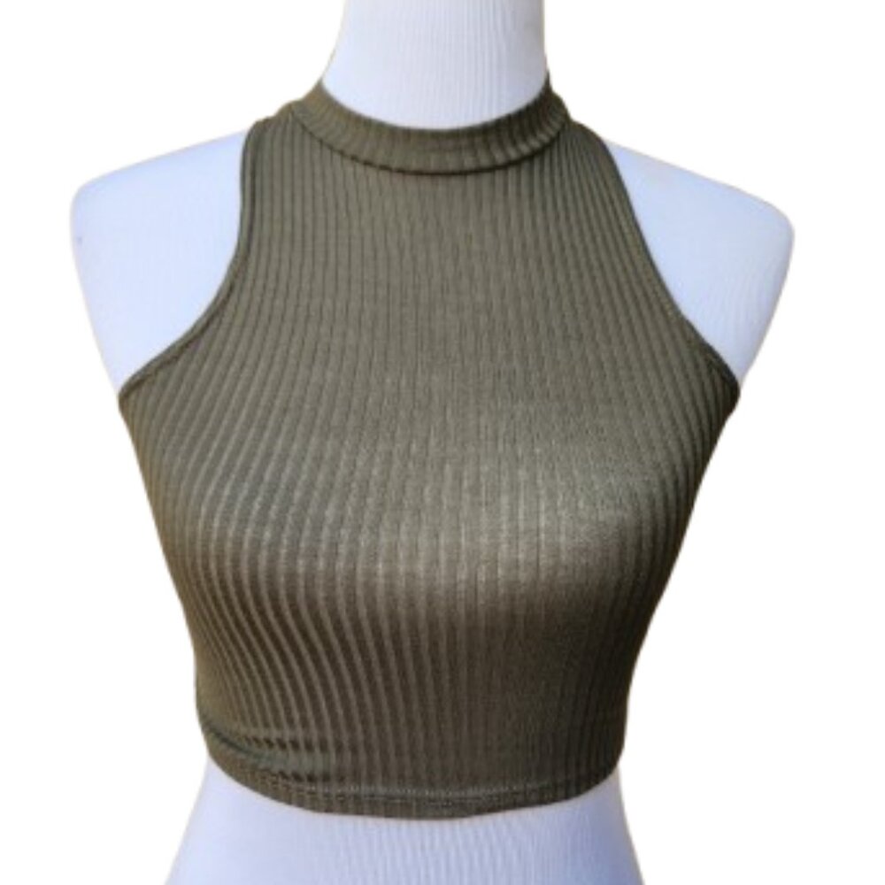 Charlotte Russe Green Rib-Knit Mockneck Crop Top Sleeveless Blouse